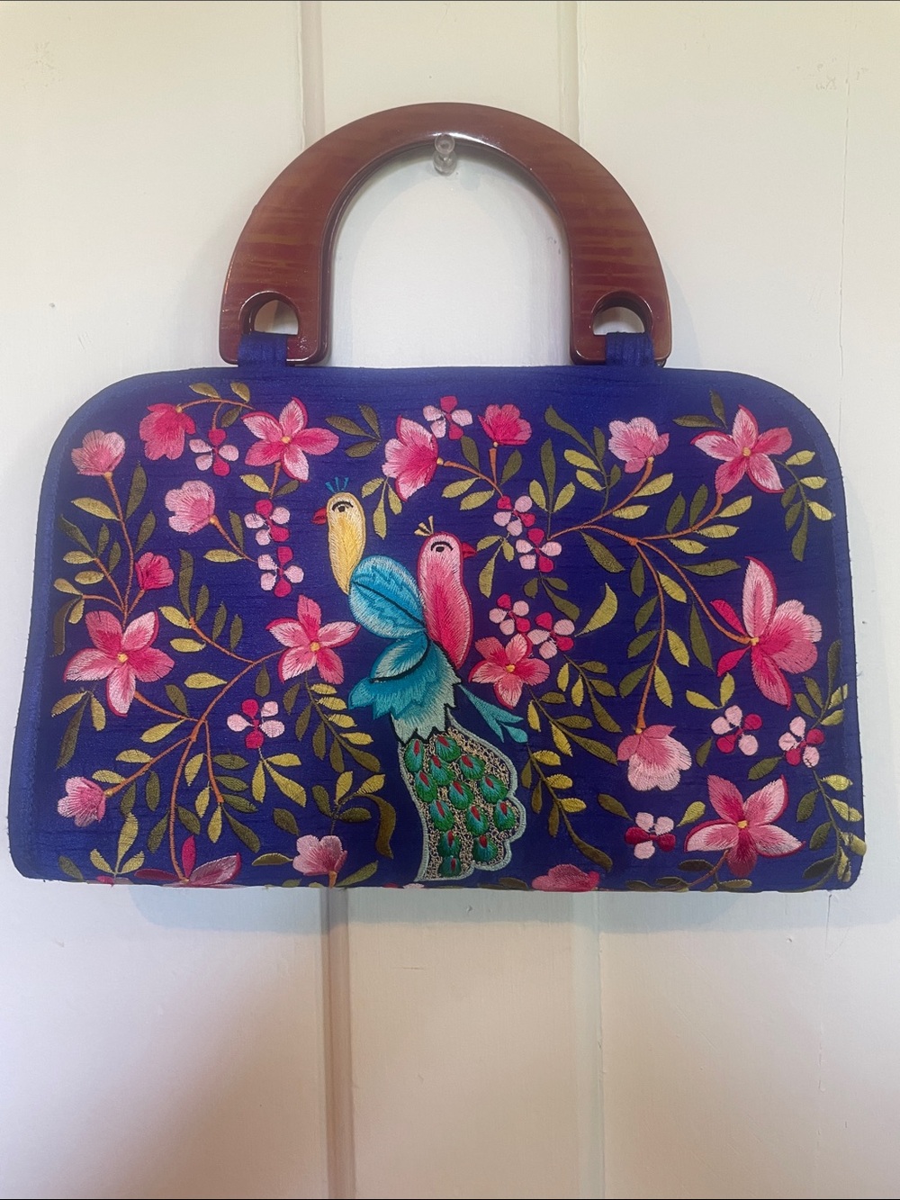 Embroidered Blue Floral & Bird Handbag with Handles